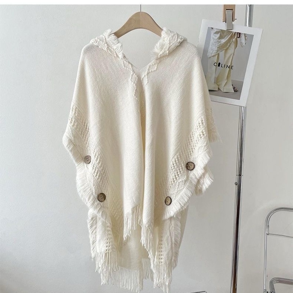 Elegant Cream Hooded Sweater Poncho